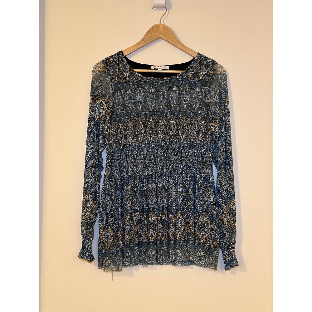 Rose + Olive Size Medium Blue Printed Paisley Blouse Boho Long Sleeve Lagenlook